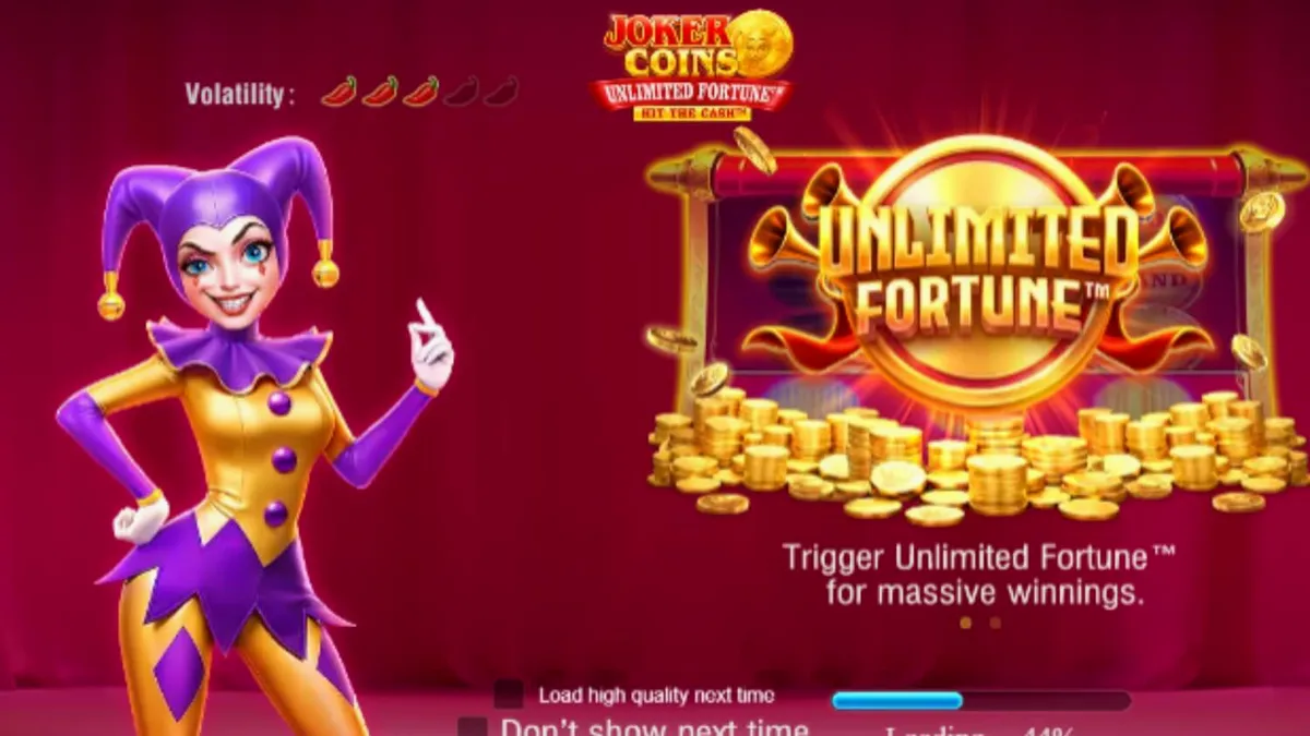 Joker Coins Unlimited Fortune slot machine interface na may makukulay na neon fruit symbols at joker theme.