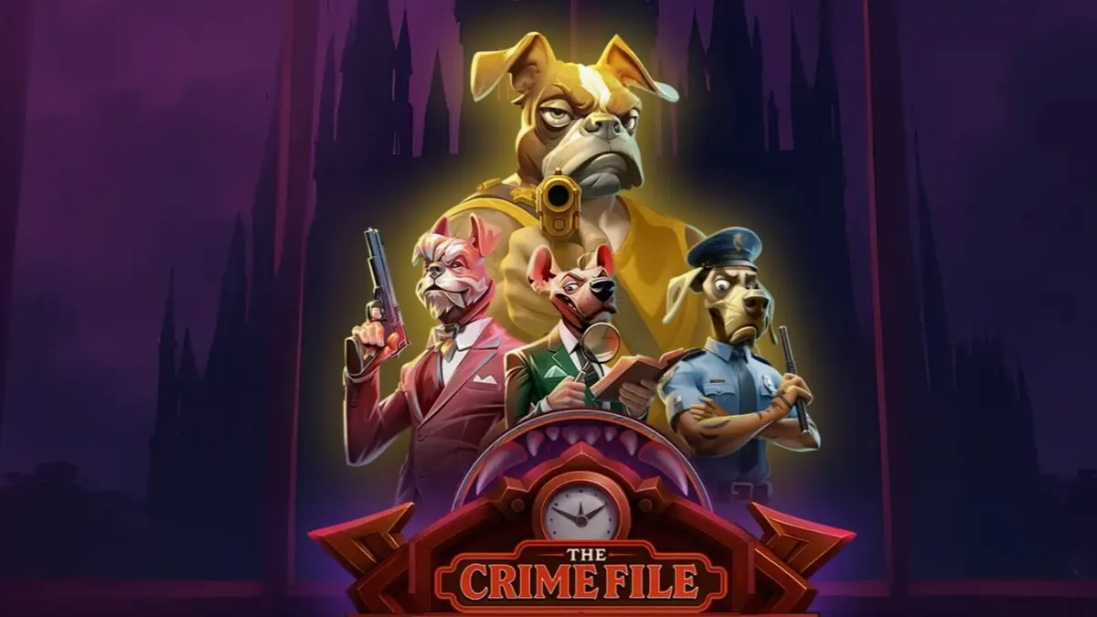 Isang madilim at noir-inspired na eksena mula sa The Crime File slot na nagpapakita ng mga asong detektib sa isang maulang lungsod.