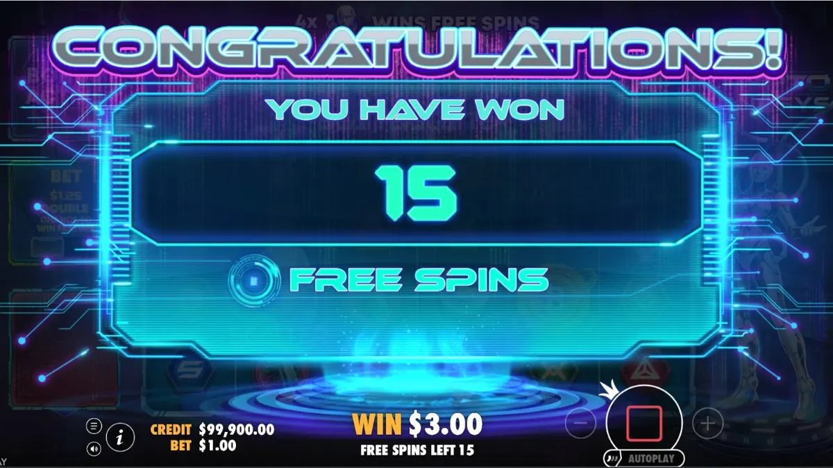 Isang neon-themed na cyberpunk slot interface na nagpapakita ng mga crypto symbols.